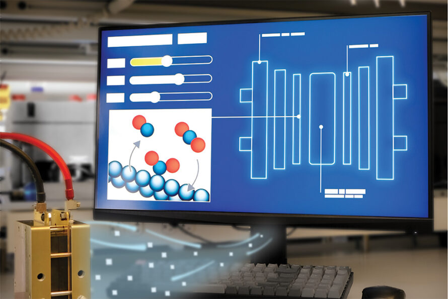 Computer screen with models displayed on screen. The image shows how this digital model complements CO2 reduction experiments to accelerate the development of improved reactors.