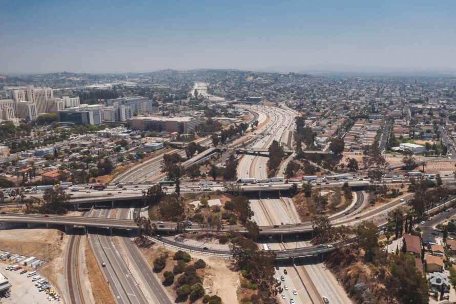 An aerial view of the freeway in los angeles, California.