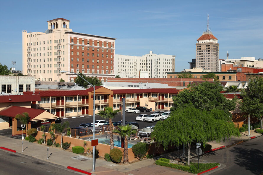 Hotels and city buildings.