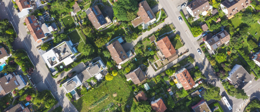 Aerial view of a lush neighborhood.