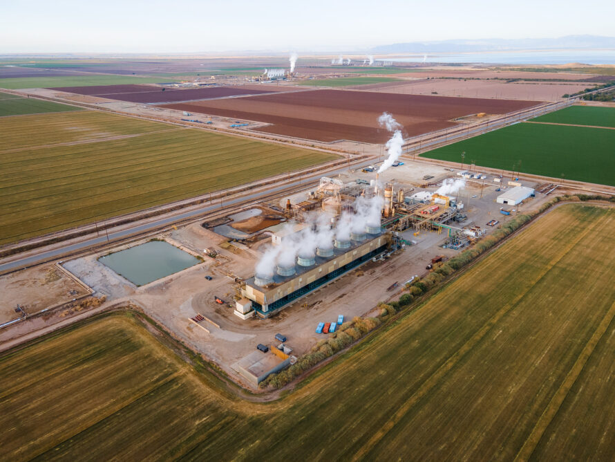 Aerial view of a lithium processing plant and fields.