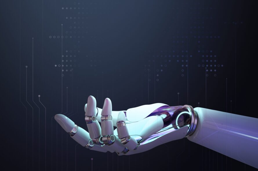 Robot hand on navy background.