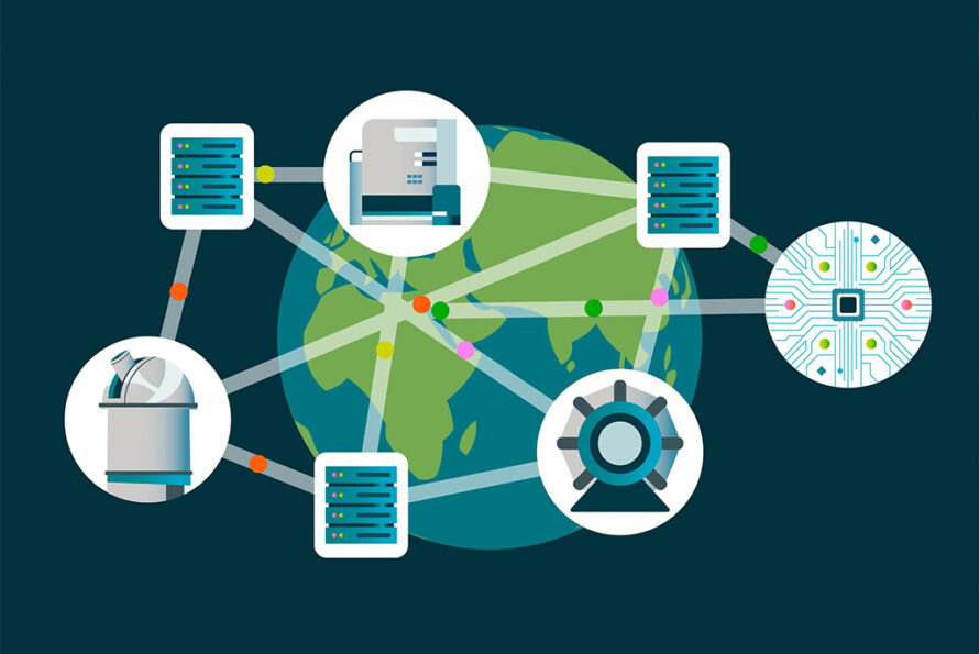 Illustration of a global network connected by various scientific equipment and data servers, with lines linking icons representing a telescope, servers, a computer chip, and other technology around a globe.