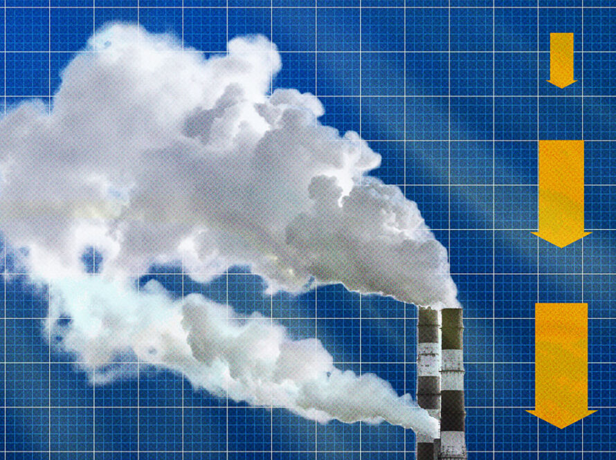 An illustration of factory smoke stacks emitting clouds of pollution, with three large yellow arrows pointing downward against a blue grid background.