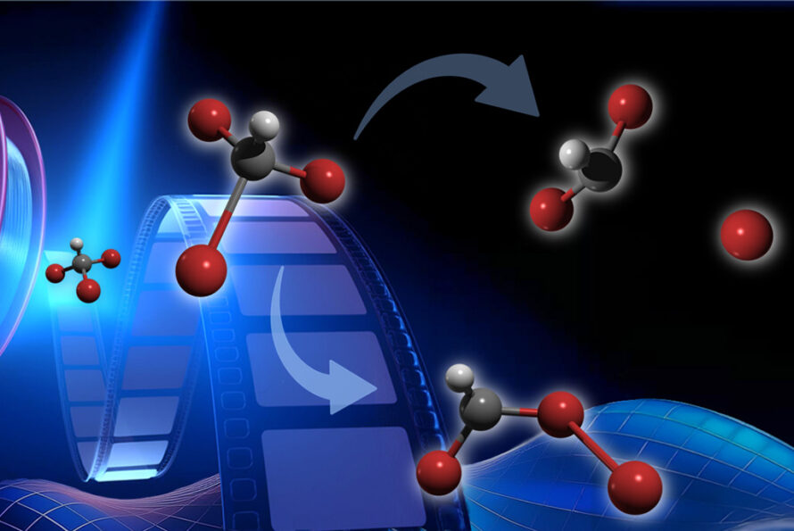 Graphic illustration of molecules floating with cinema tape against a dark background.