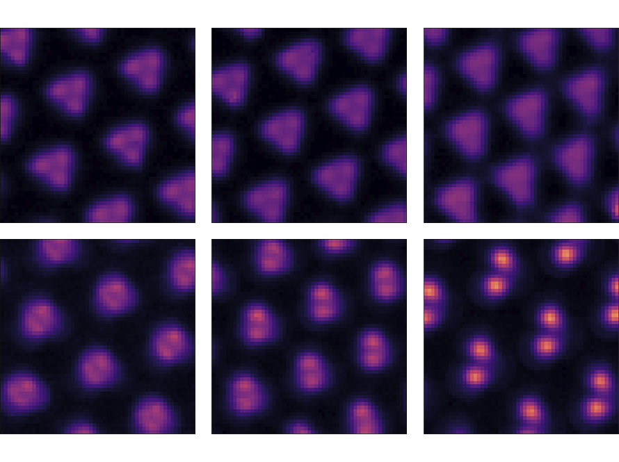 2 rows of 3 scanning tunnel microscope images showing purple shapes against a dark background.