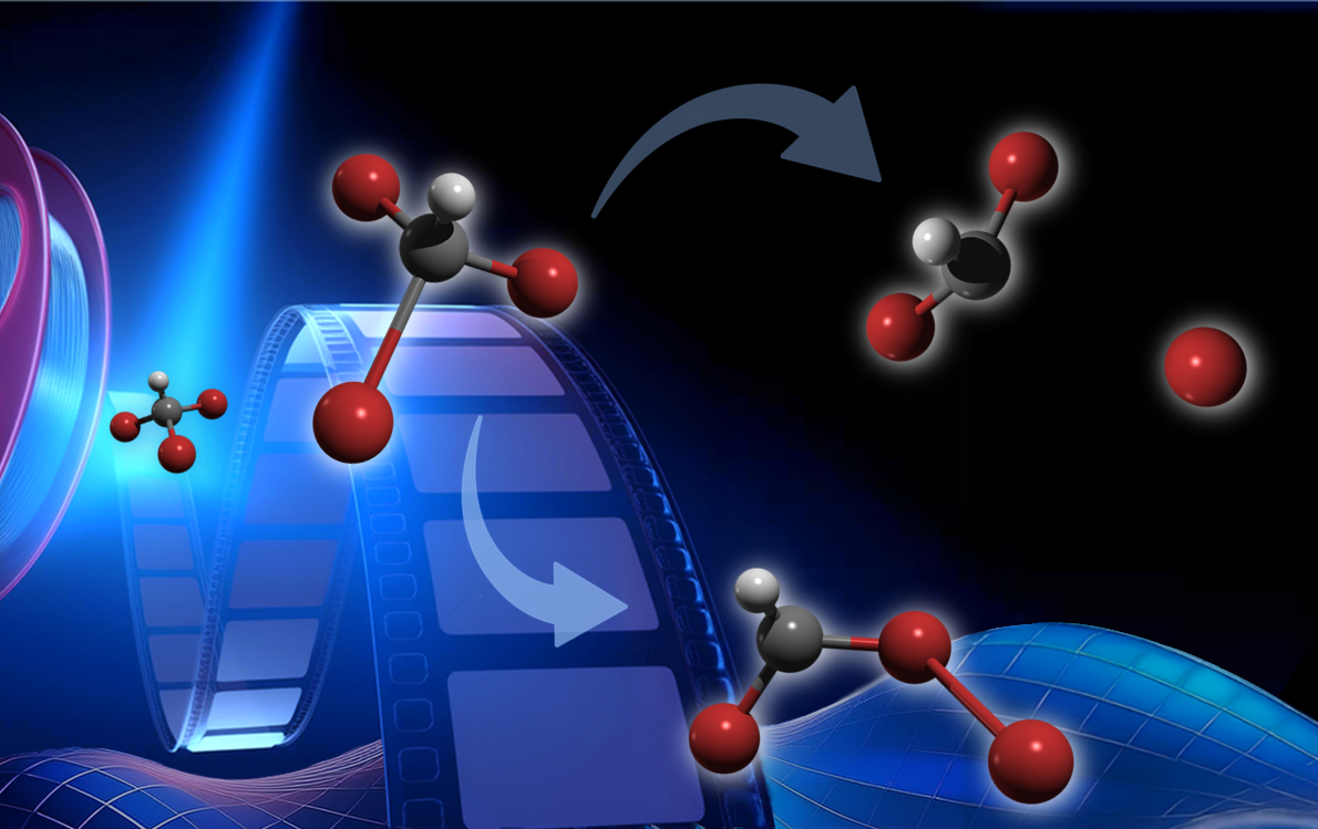 Graphic illustration of molecules floating with cinema tape against a dark background.