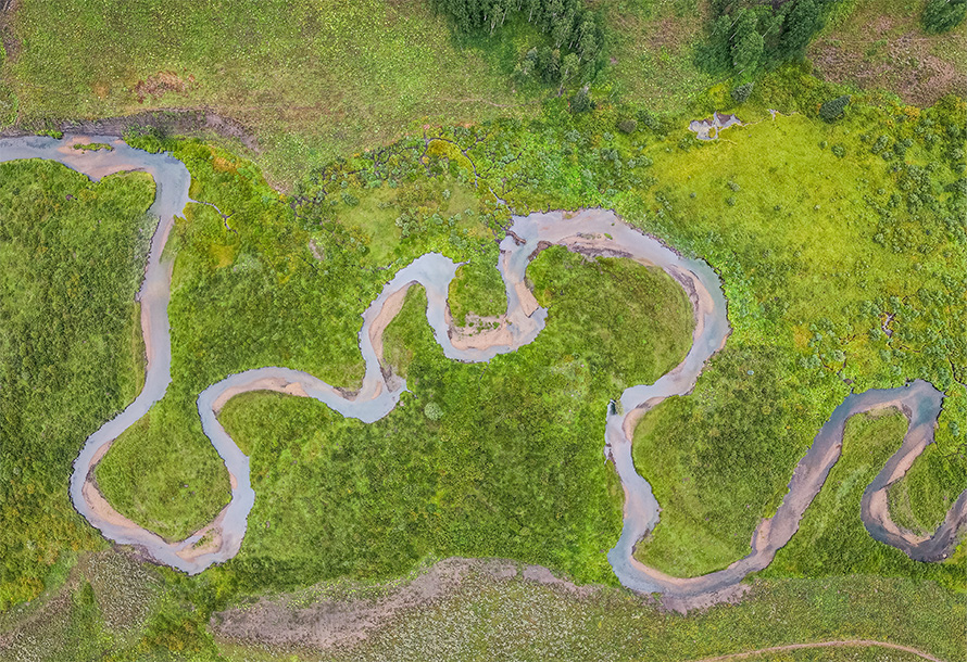 Birdseye view of a winding river ecosystem.