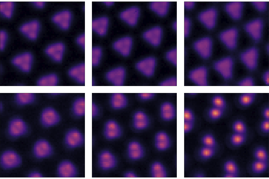 2 rows of 3 scanning tunnel microscope images showing purple shapes against a dark background.