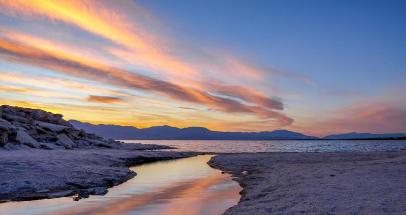 A large body of water at dusk.