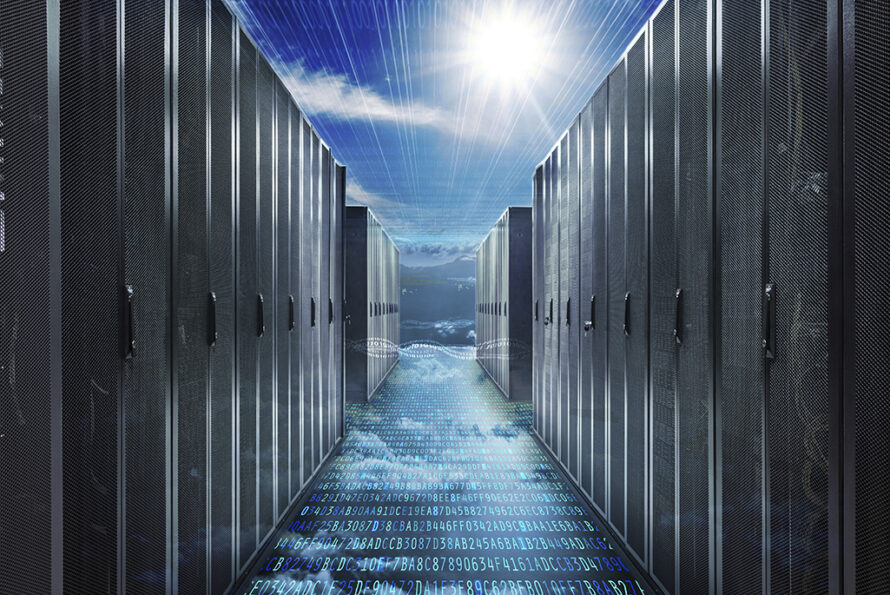 A composite image with server racks on both sides, illuminated by bright light. The floor displays binary code.