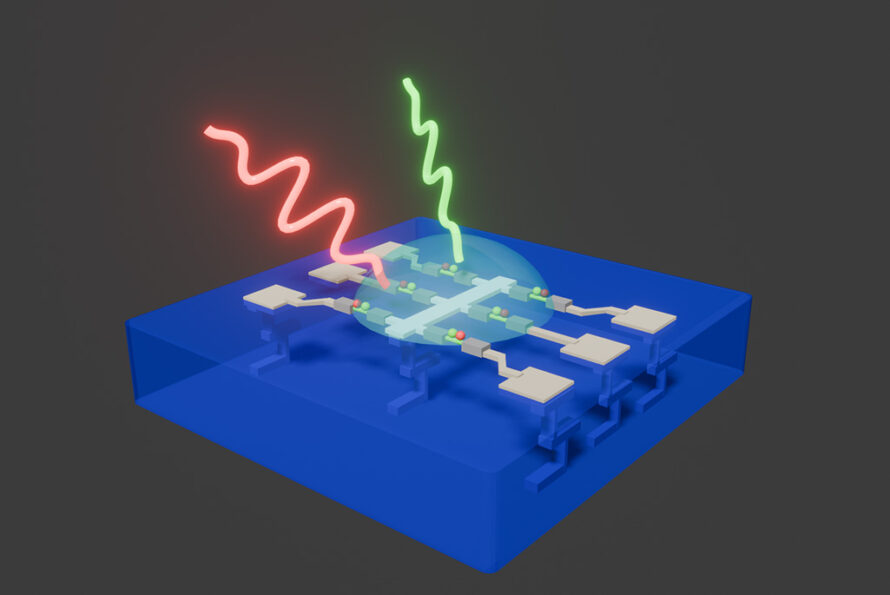 an optical sensor that also processes data. The transparent dome represents interactions between photons (red and green) and the nanoscale elements on the substrate. Carbon nanotubes with quantum dots (small spheres) are shown connected to CMOS circuitry below.